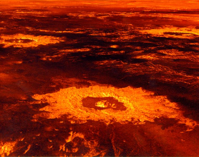 Computer generiertes Bild dreier Krater auf der Venusoberfläche. Diese Datei ist gemeinfrei (public domain), da sie von der NASA erstellt worden ist. Die NASA-Urheberrechtsrichtlinie besagt, dass „NASA-Material nicht durch Urheberrecht geschützt ist, wenn es nicht anders angegeben ist”